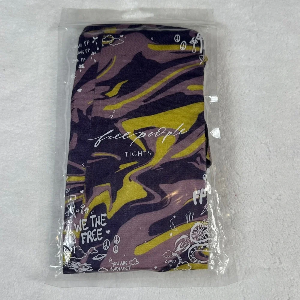 Free People Tights NWT Women OS Purple Yellow Marbled Swirl Print We The Free